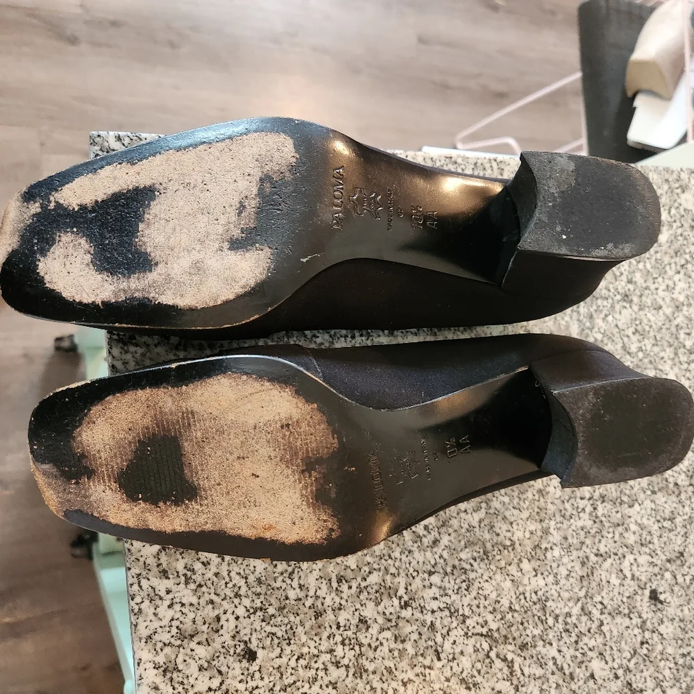 Paloma Made in Italy Black Leather Satin Fabric Heels Dark Academia Size 10.5AA